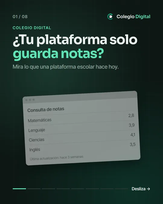 Título «¿Tu plataforma solo guarda notas?» sobre una ventana gris de consulta de notas.