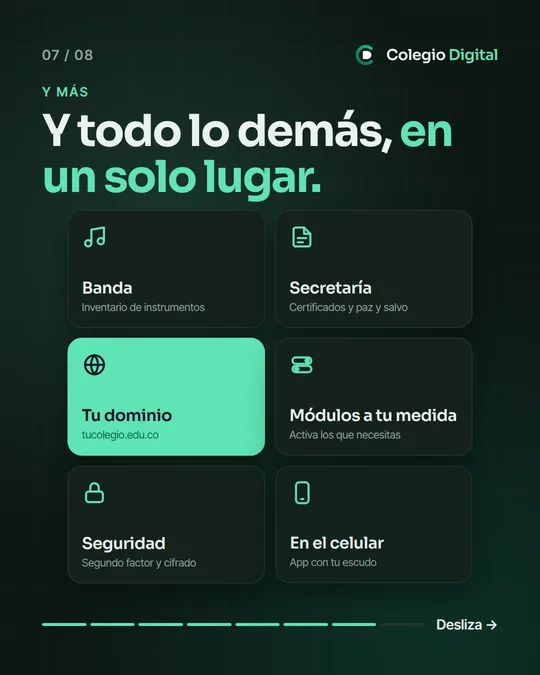 «Y todo lo demás, en un solo lugar»: banda, secretaría, tu dominio, módulos a tu medida, seguridad y app en el celular.