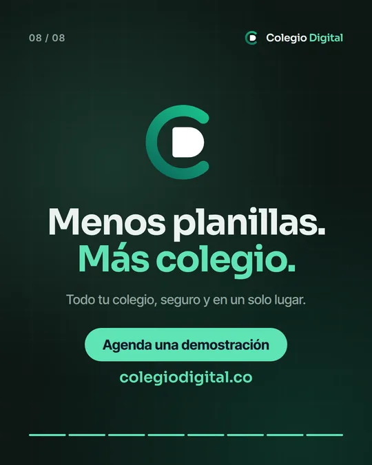 Logo de Colegio Digital, «Menos planillas. Más colegio.», «Todo tu colegio, seguro y en un solo lugar.», botón «Agenda una demostración» y colegiodigital.co.