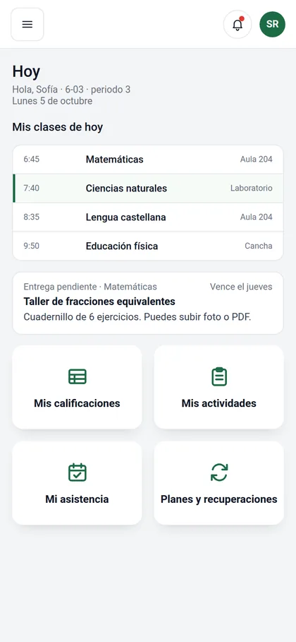 Inicio del estudiante en el celular con las clases del día y una entrega pendiente.