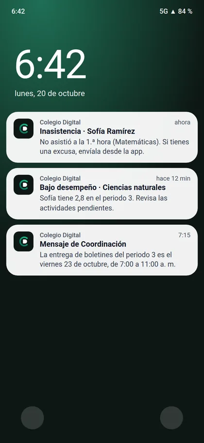 Pantalla de bloqueo de un Android con tres avisos de Colegio Digital: inasistencia, bajo desempeño y un mensaje de Coordinación.