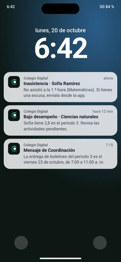 Pantalla de bloqueo de un iPhone con los mismos tres avisos de Colegio Digital.