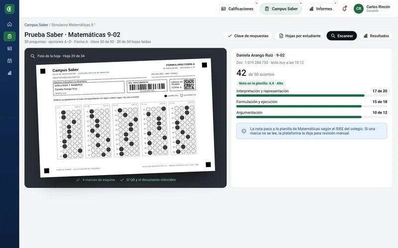 Lectura de una hoja de respuestas impresa desde una foto: 42 de 50 aciertos y la nota que pasa a la planilla.
