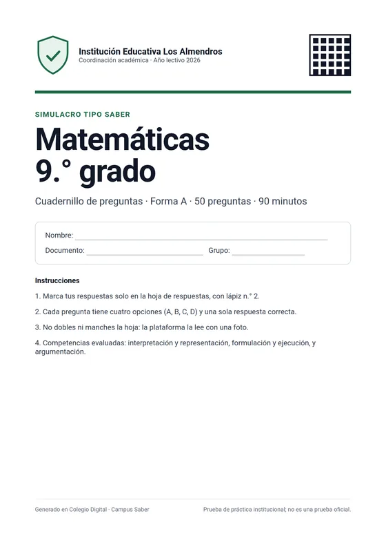 Portada del cuadernillo del simulacro tipo Saber de Matemáticas 9.°, Forma A, con el escudo del colegio y un código QR.