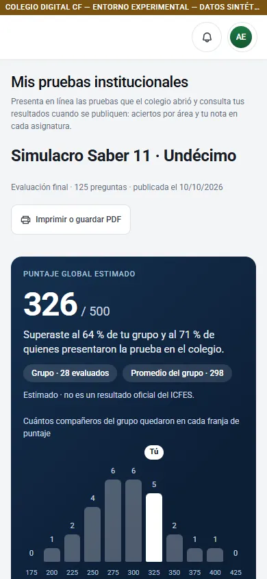 Mis pruebas institucionales en el celular del estudiante: puntaje estimado del simulacro y su lugar en el grupo.