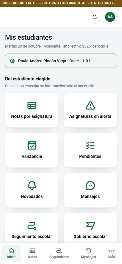 Inicio del acudiente en el celular: su estudiante y los accesos a notas, asistencia, pendientes, novedades y mensajes.