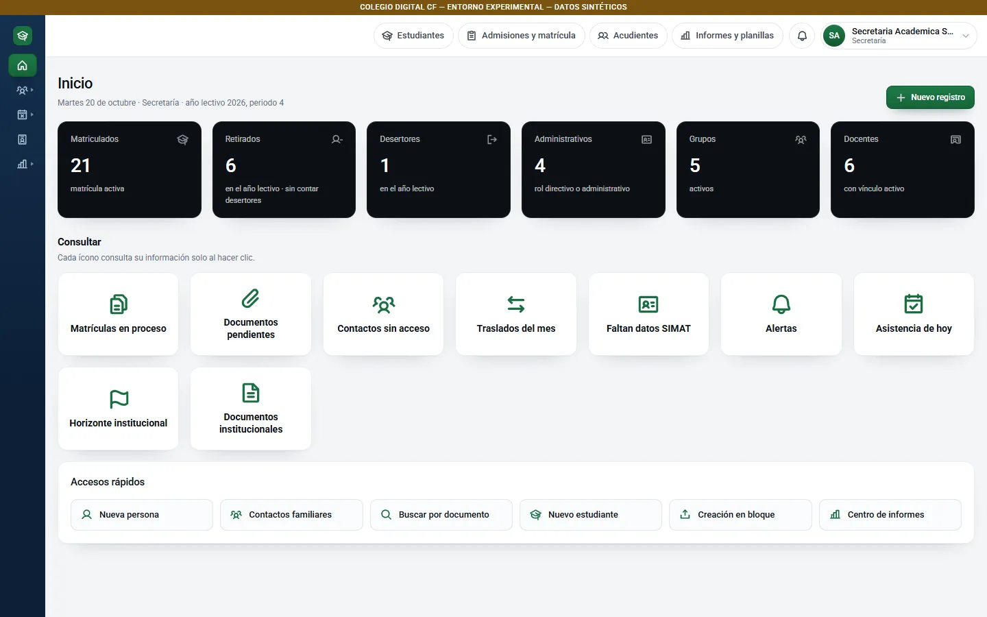 Inicio de Secretaría: matriculados, retirados, grupos y docentes, con accesos a matrículas, documentos y datos del SIMAT.